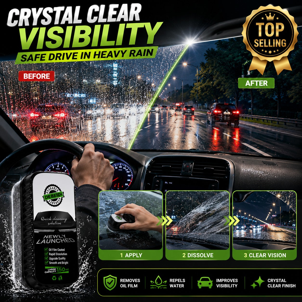 Car Glass Oil Film Remover – Windshield Cleaner for Oil Film, Water Spots & Rain Visibility