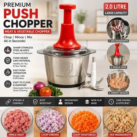 2.0L Premium 4-Blade Manual Push Chopper with Stainless Steel Bowl – Meat & Vegetable Food Processor