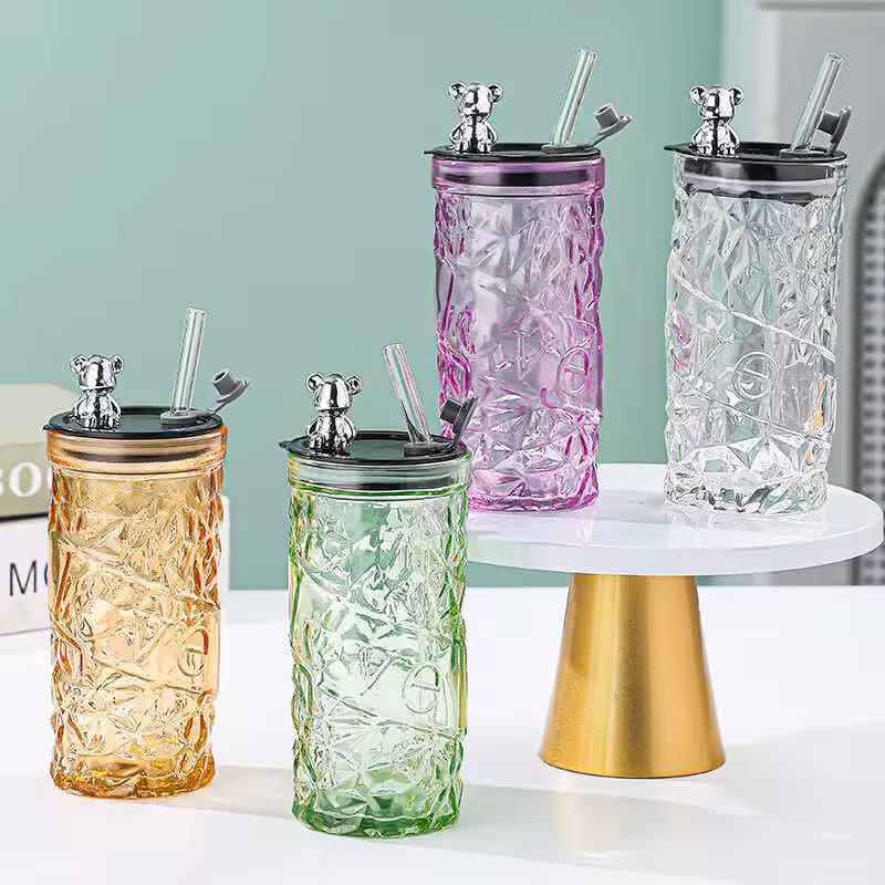 Diamond Glass Cup with Lid & Straw – Cute Bear Glass Tumbler (Random Color)