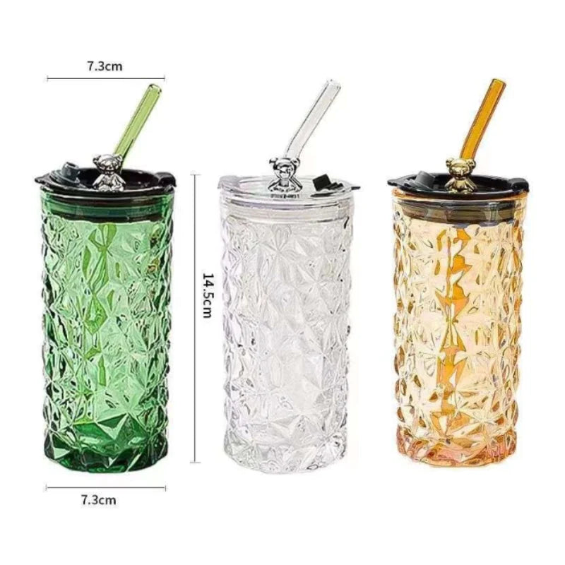 Diamond Glass Cup with Lid & Straw – Cute Bear Glass Tumbler (Random Color)