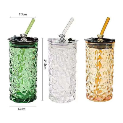 Diamond Glass Cup with Lid & Straw – Cute Bear Glass Tumbler (Random Color)