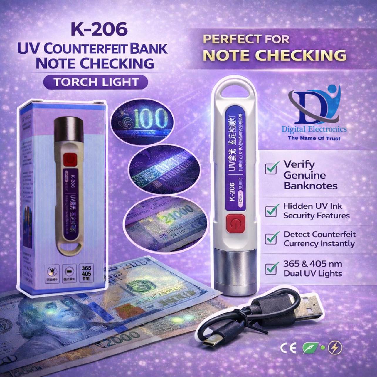 Handheld LED Money Detector K-206 – UV Currency Detector Torch for Counterfeit & Fake Banknote Checking