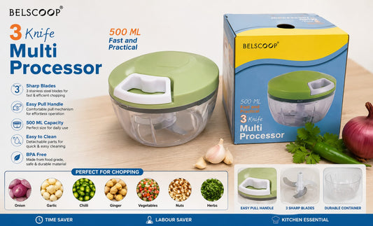 Belscoop 500ML 3-Blade Multi Processor – Manual Food Chopper for Vegetables, Fruits & Meat