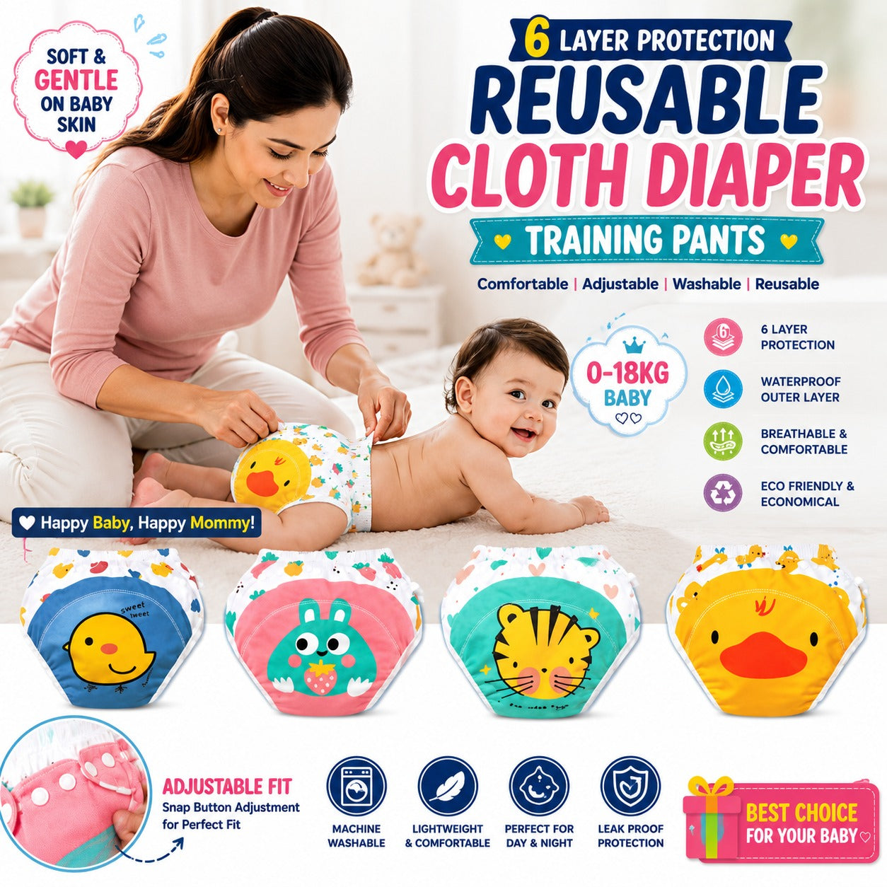 Kids Reusable Baby Diaper & Training Pants – Washable Leak-Proof Potty Training Underwear
