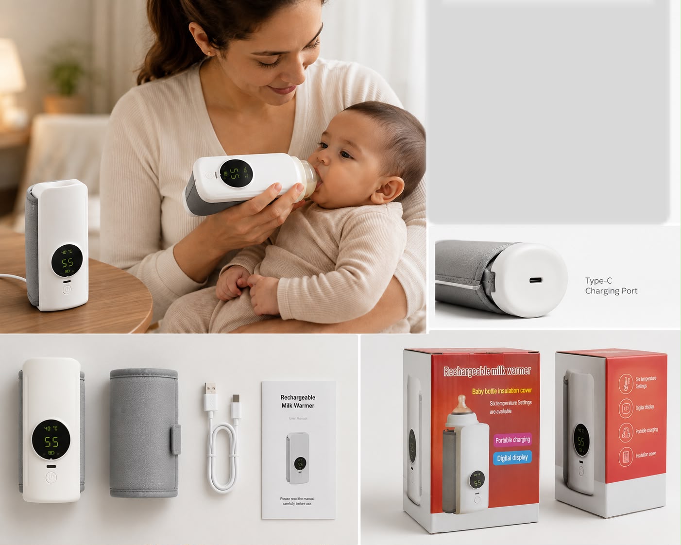 Rechargeable Baby Bottle Feeder Warmer – Portable USB Milk Bottle Heater for Travel