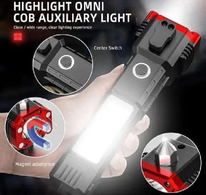 Rechargeable Tactical LED Flashlight Hammer – Emergency Rescue Tool with Glass Breaker & Seat Belt Cutter