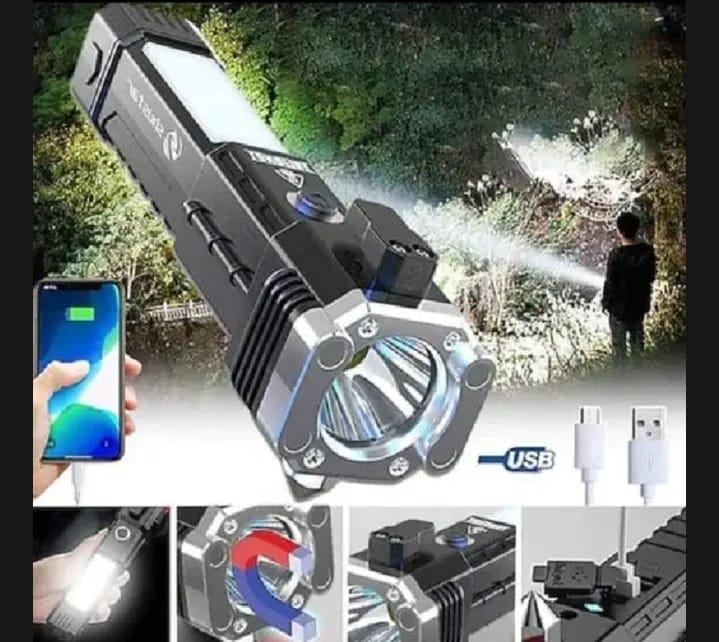 Rechargeable Tactical LED Flashlight Hammer – Emergency Rescue Tool with Glass Breaker & Seat Belt Cutter