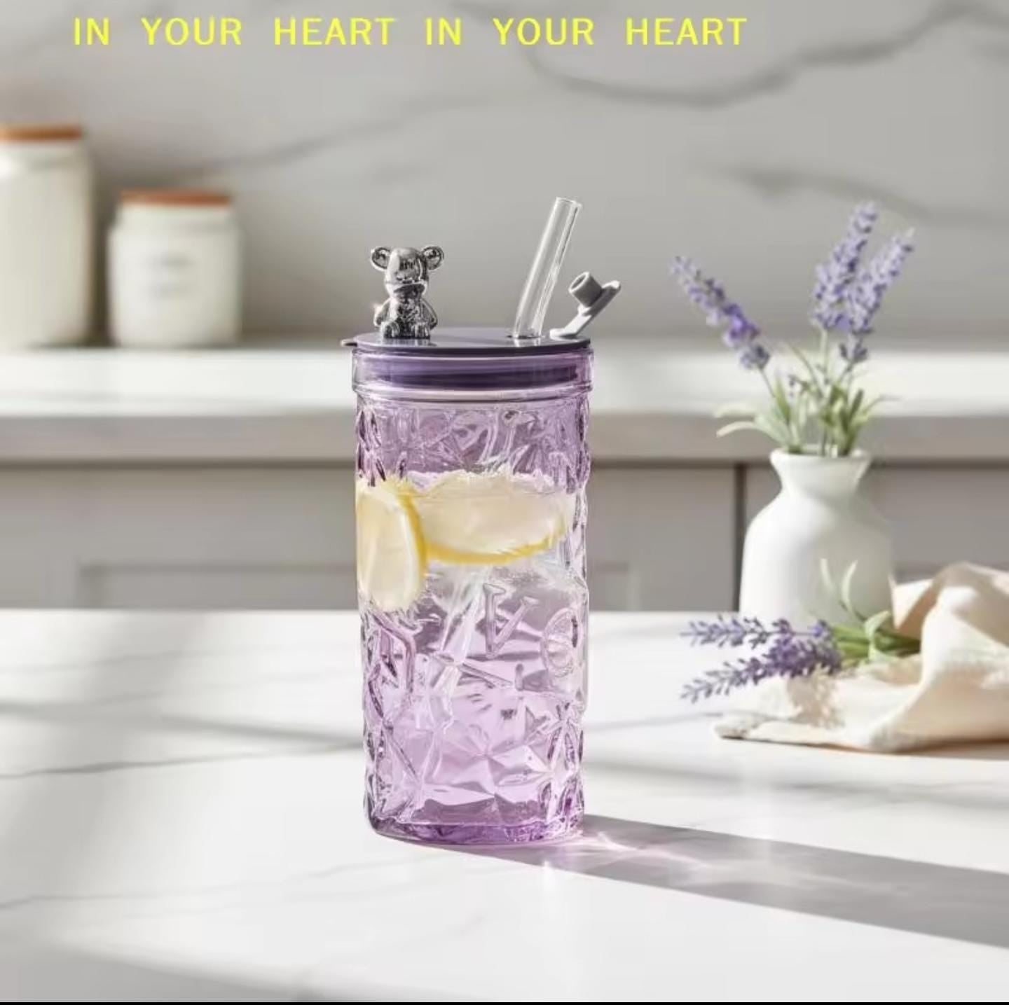 Diamond Glass Cup with Lid & Straw – Cute Bear Glass Tumbler (Random Color)