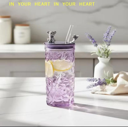 Diamond Glass Cup with Lid & Straw – Cute Bear Glass Tumbler (Random Color)