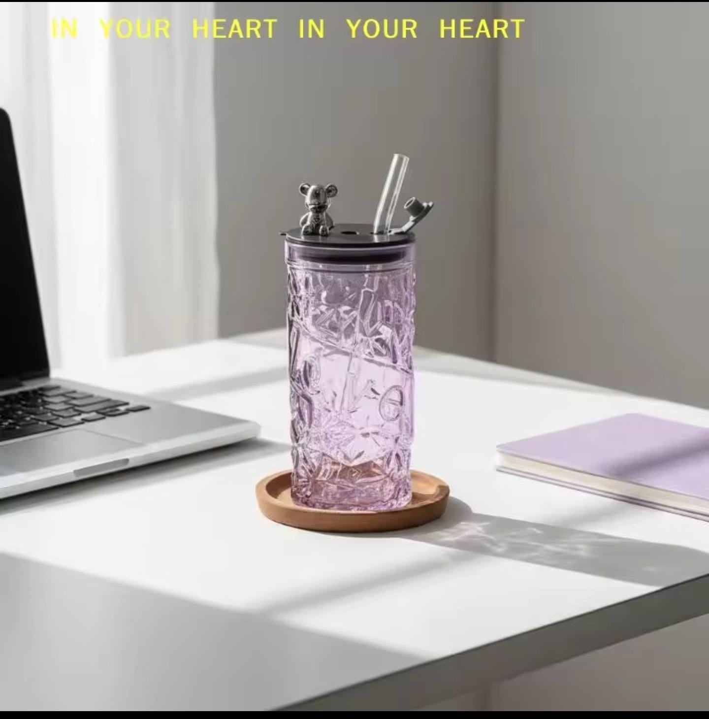 Diamond Glass Cup with Lid & Straw – Cute Bear Glass Tumbler (Random Color)