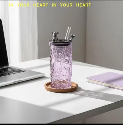 Diamond Glass Cup with Lid & Straw – Cute Bear Glass Tumbler (Random Color)