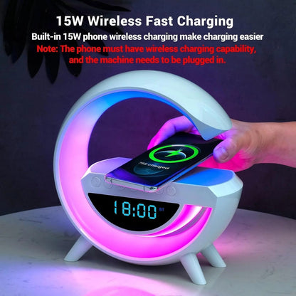 LED Wireless Charging Bluetooth Speaker – RGB Smart Table Lamp with Digital Clock & Warm Night Light