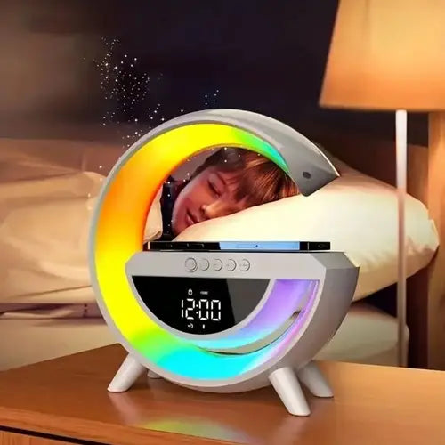 LED Wireless Charging Bluetooth Speaker – RGB Smart Table Lamp with Digital Clock & Warm Night Light