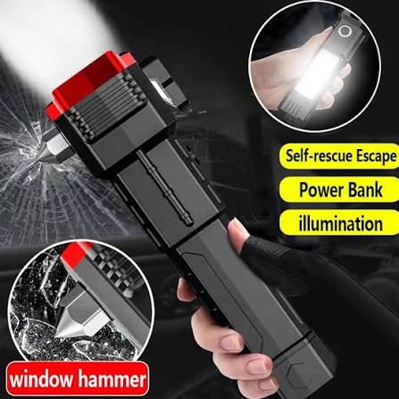 Rechargeable Tactical LED Flashlight Hammer – Emergency Rescue Tool with Glass Breaker & Seat Belt Cutter